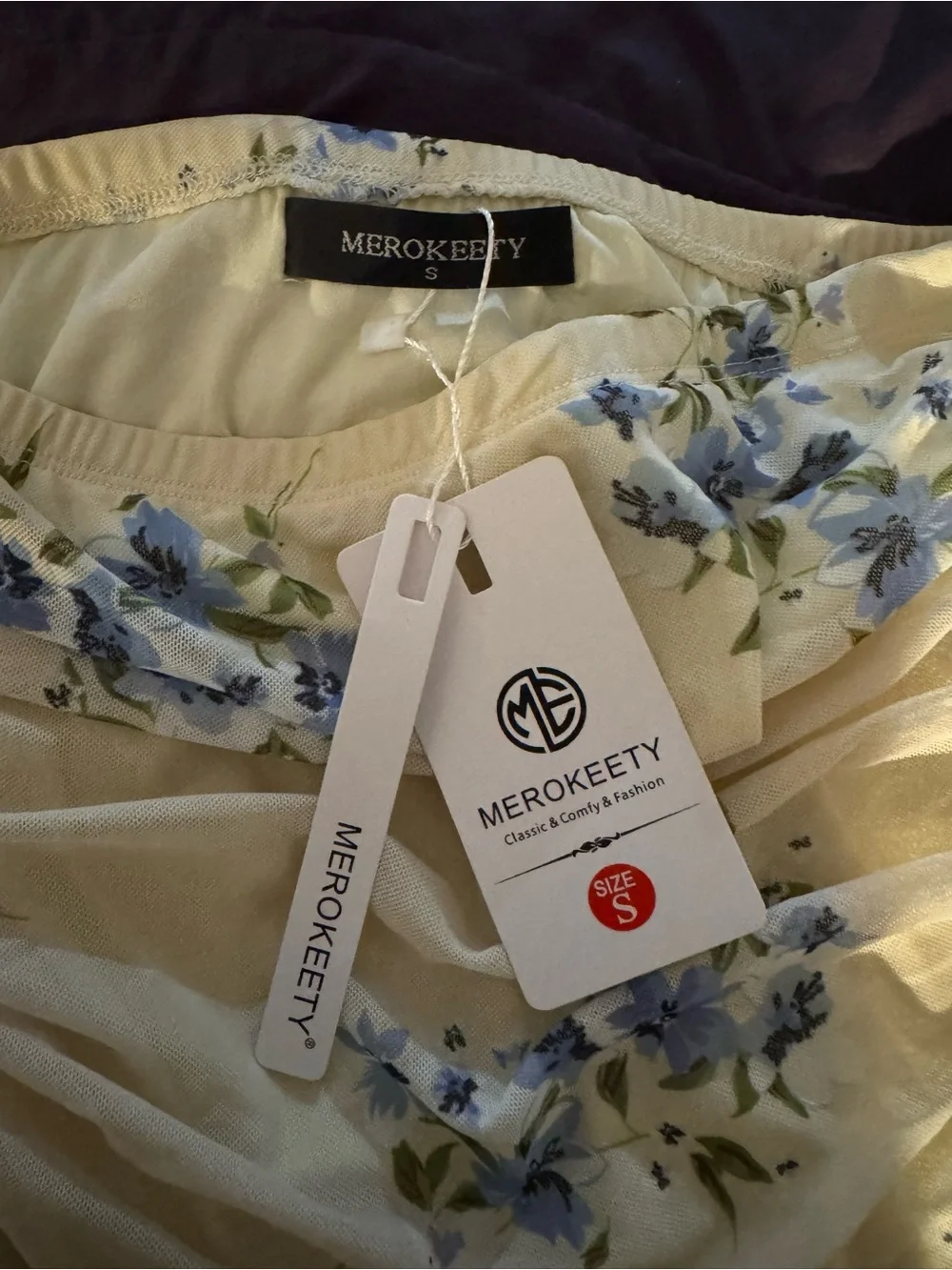 Merokeety Strapless Floral Midi Dress in Cream with Blue Blossoms